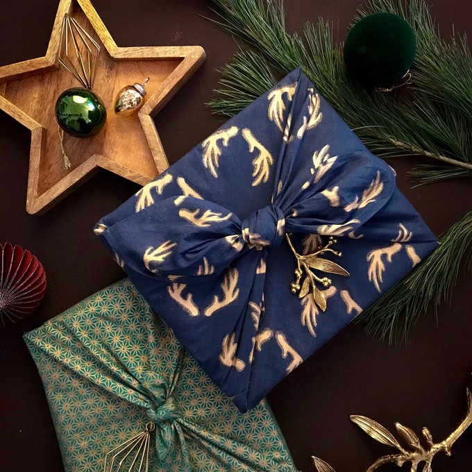 Furoshiki Gift Wrap Jade and Midnight Reindeer Fabric Gift Wrap - Double Sided (Reversible) from FabRap