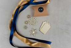 Recycled Ribbons and Wooden Snowflakes set - Navy Gold via FabRap