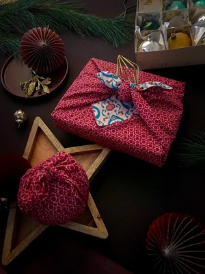 Furoshiki Gift Wrap Teal & Cherry Fabric Gift Wrap - Double Sided (Reversible) from FabRap
