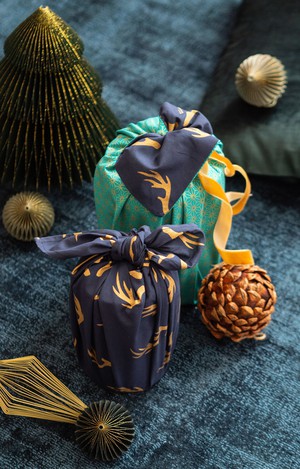 Jade and Midnight Reindeer Fabric Gift Wrap Furoshiki Cloth - Double Sided (Reversible) from FabRap