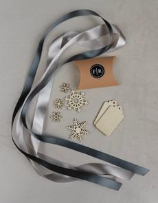 Recycled Ribbons and Wooden Snowflakes set - Cloud & Pewter via FabRap
