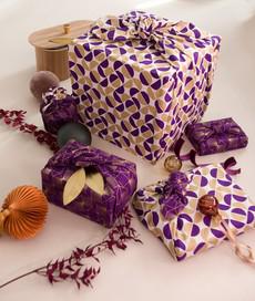 Fabric Gift Wrap Furoshiki Cloth - 9 Piece Gold Moons & Plum Diamonds Bundle via FabRap