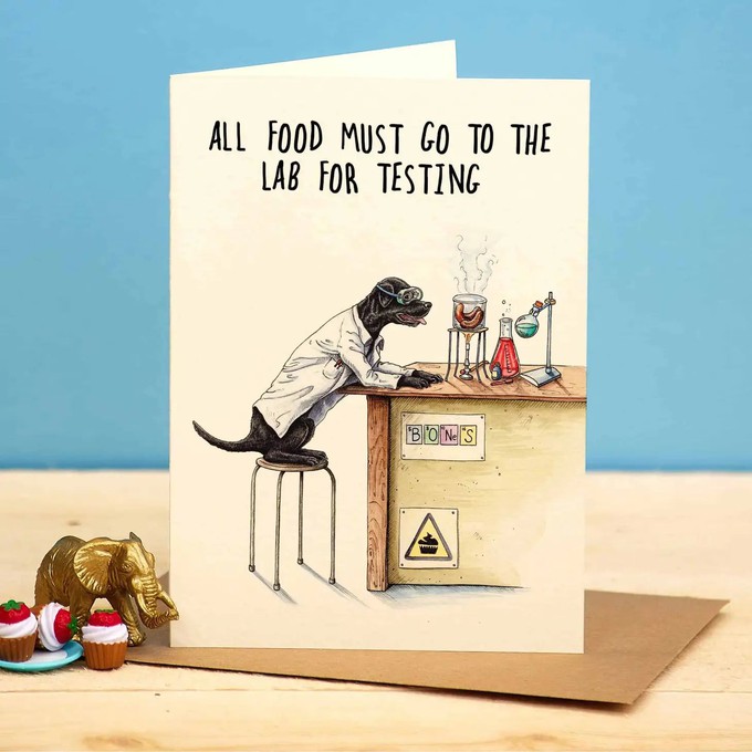 Greeting card lab "All food must go to the lab for testing" from Fairy Positron