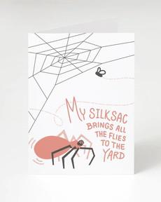 Wenskaart spin “My silksac brings all the flies to the yard” via Fairy Positron