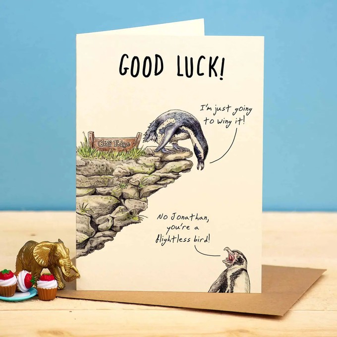 Greeting card penguin “Good Luck” from Fairy Positron