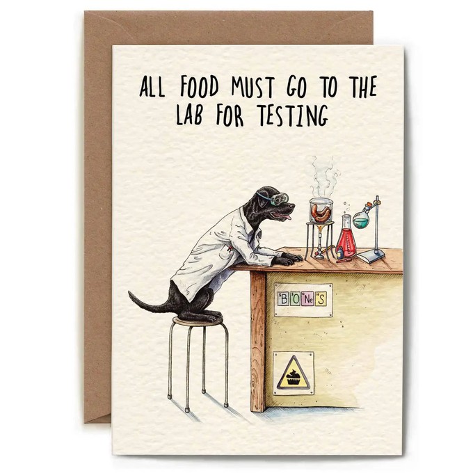 Greeting card lab "All food must go to the lab for testing" from Fairy Positron