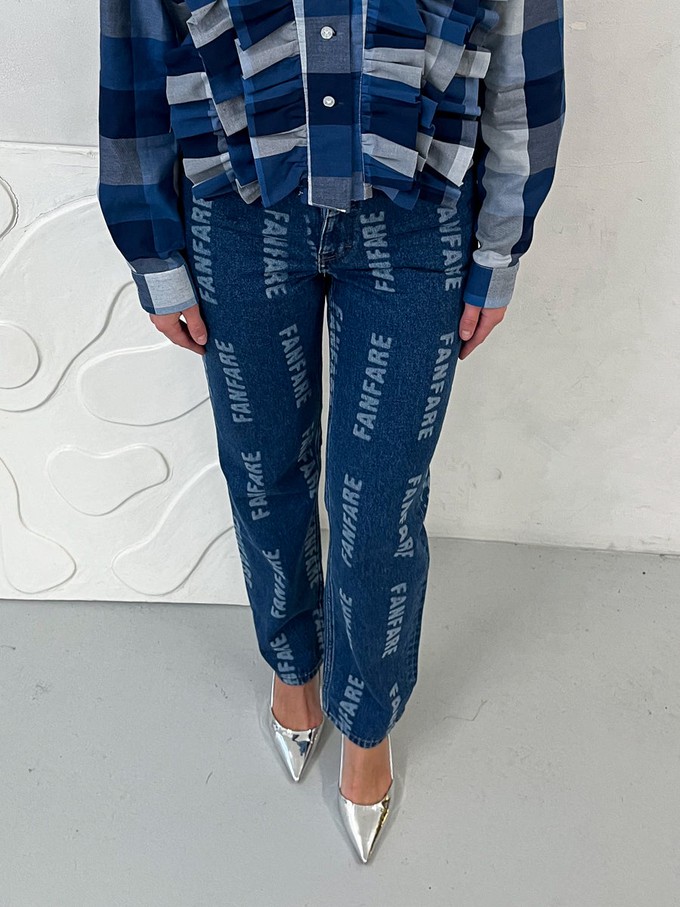 High Waisted Organic & Recycled Laser Fanfare Print Dark Blue Jeans from Fanfare Label