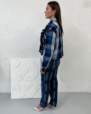 High Waisted Organic & Recycled Laser Fanfare Print Dark Blue Jeans from Fanfare Label