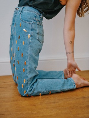 High Waisted Organic & Recycled Rose Tea Sequin Jeans from Fanfare Label