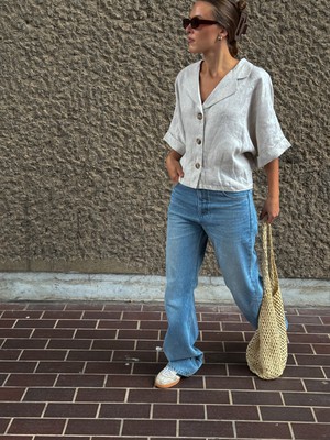 Warm-toned Grey Linen Button Up Shirt - Size 10 from Fanfare Label