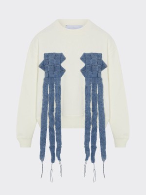 Organic Cotton White Oversized Jumper with Cross Patterned Trim from Fanfare Label