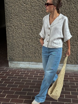Warm-toned Grey Linen Button Up Shirt - Size 10 from Fanfare Label