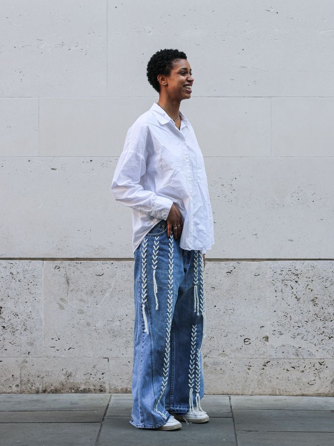 High Waisted Upcycled Thread Wide Leg Jeans from Fanfare Label