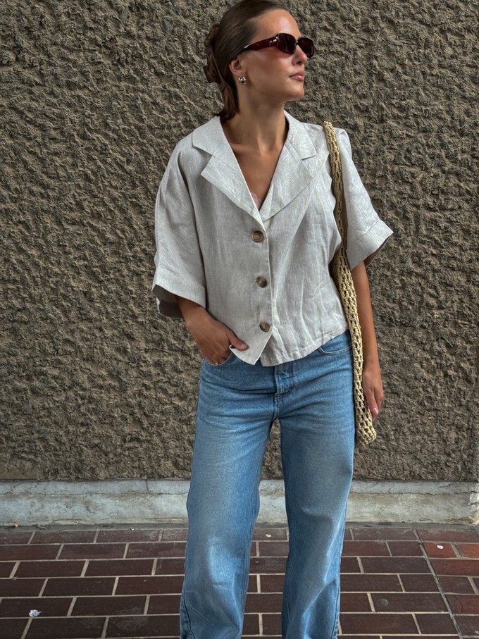 Warm-toned Grey Linen Button Up Shirt - Size 10 from Fanfare Label