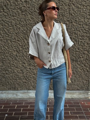 Warm-toned Grey Linen Button Up Shirt - Size 10 from Fanfare Label