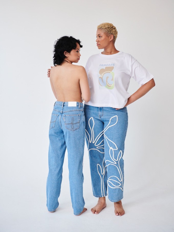 High Waisted Organic & Recycled Floral Trim Blue Jeans from Fanfare Label