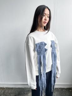 Organic Cotton White Oversized Jumper with Cross Patterned Trim via Fanfare Label