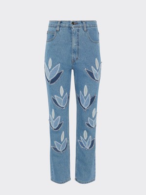 High Waisted Organic & Recycled Upcycled Denim Leaf Blue Jeans from Fanfare Label
