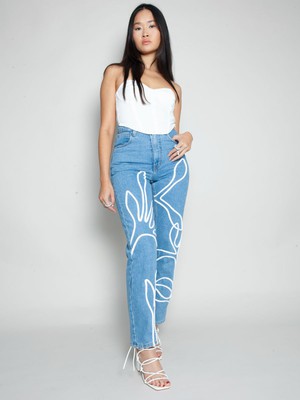 High Waisted Organic & Recycled Floral Trim Blue Jeans from Fanfare Label
