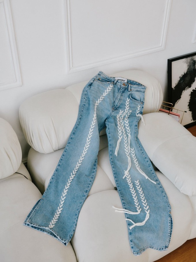 Project Cece  High Waisted Upcycled Thread Flare Jeans, Blue Denim