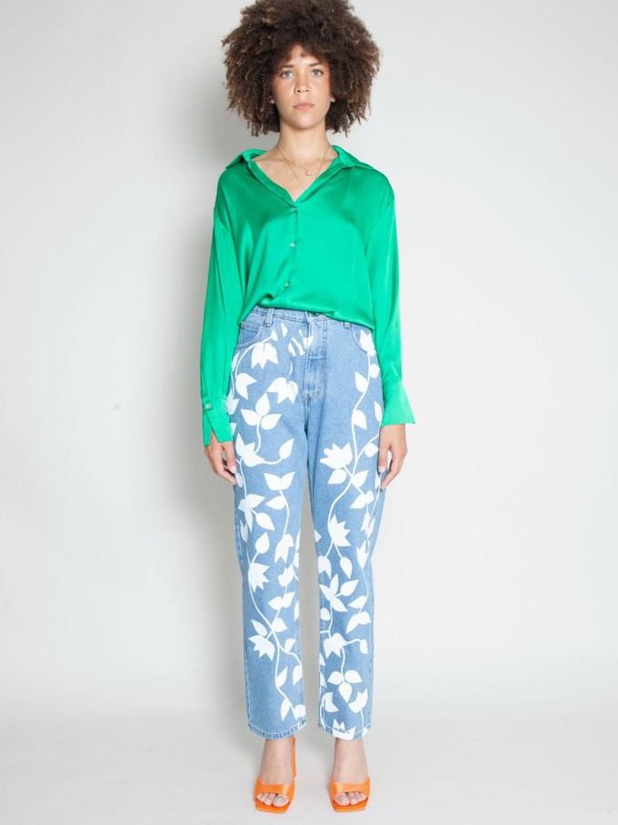 High Waisted Organic & Recycled White Petal Blue Jeans from Fanfare Label