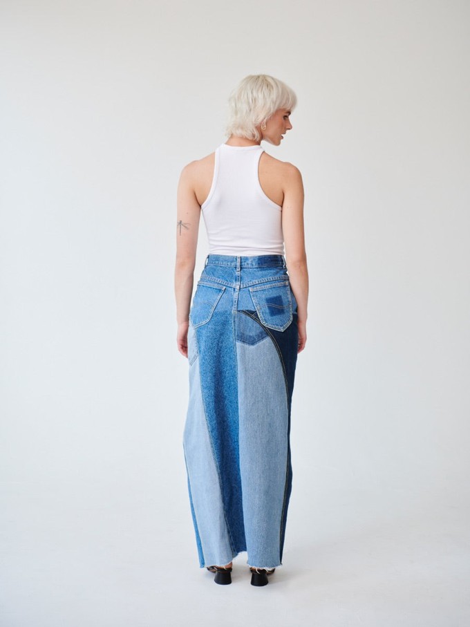 High Waisted Upcycled Patchwork Denim Long Skirt with Slit from Fanfare Label