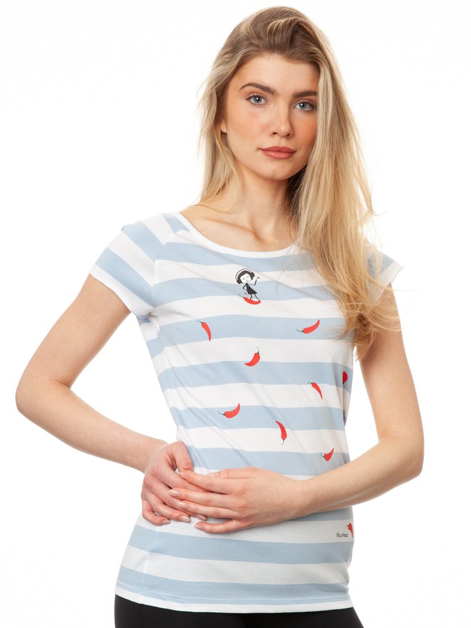 Red Chilli Cap Sleeve block striped light blue from FellHerz T-Shirts - bio, fair & vegan