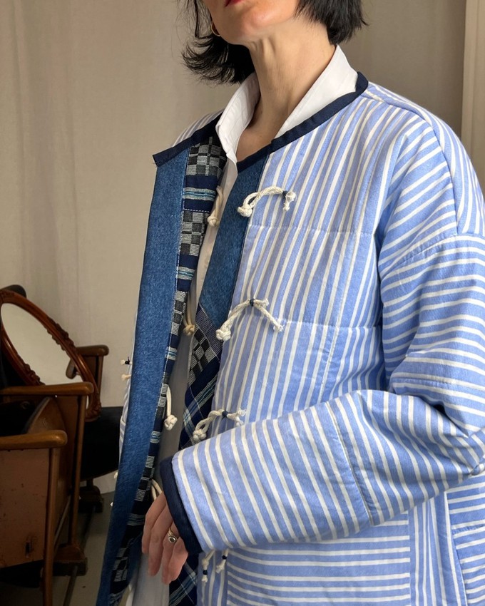 Our "BLUE STRIPES " UNISEX Reversible Blankets Made COAT - S/M/L from Fitolojio Workshop