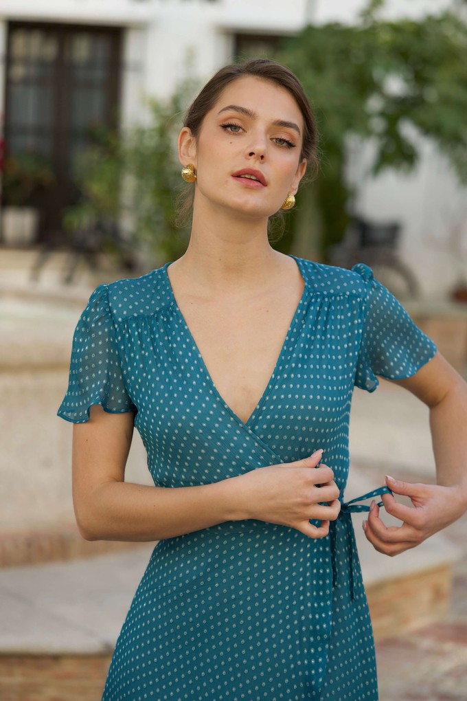Blue polka dot wrap dress shop