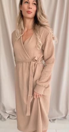 Dress with wrap top and bow belt – Beige from Glow - the store