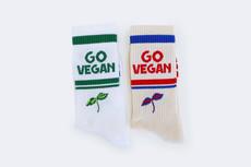 "Go Vegan" crew socks | RED/BLUE/ECRU & GREEN/WHITE via Good Guys Go Vegan