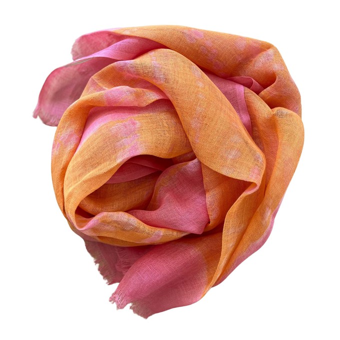 Handmade Tie-Dye Pink And Orange Linen Scarf | Lightweight Summer Scarf For Women from Heritage Moda