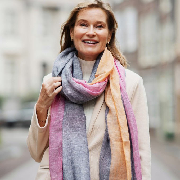 Handmade Dusty Blue Linen Scarf With Pink & Orange Border from Heritage Moda