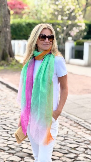 Green Orange Pink Multicolor Tie-Dye Linen Scarf – Handmade Summer Wrap Accessory from Heritage Moda