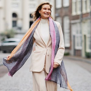 Handmade Dusty Blue Linen Scarf With Pink & Orange Border from Heritage Moda