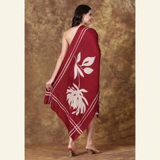 Hand-Painted Wool-Silk Scarf – Deep Burgundy with Soft Nude Floral Accents via Heritage Moda