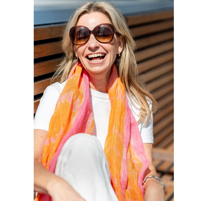 Handmade Tie-Dye Pink And Orange Linen Scarf | Lightweight Summer Scarf For Women from Heritage Moda