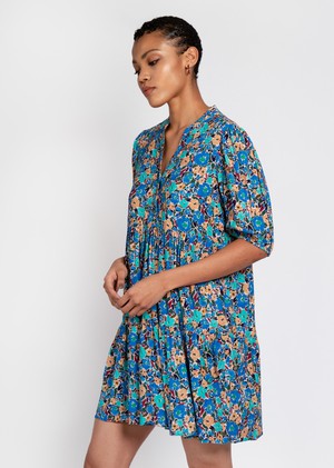 Lilium Short Tiered dress in expressive blue floral print from Hide The Label