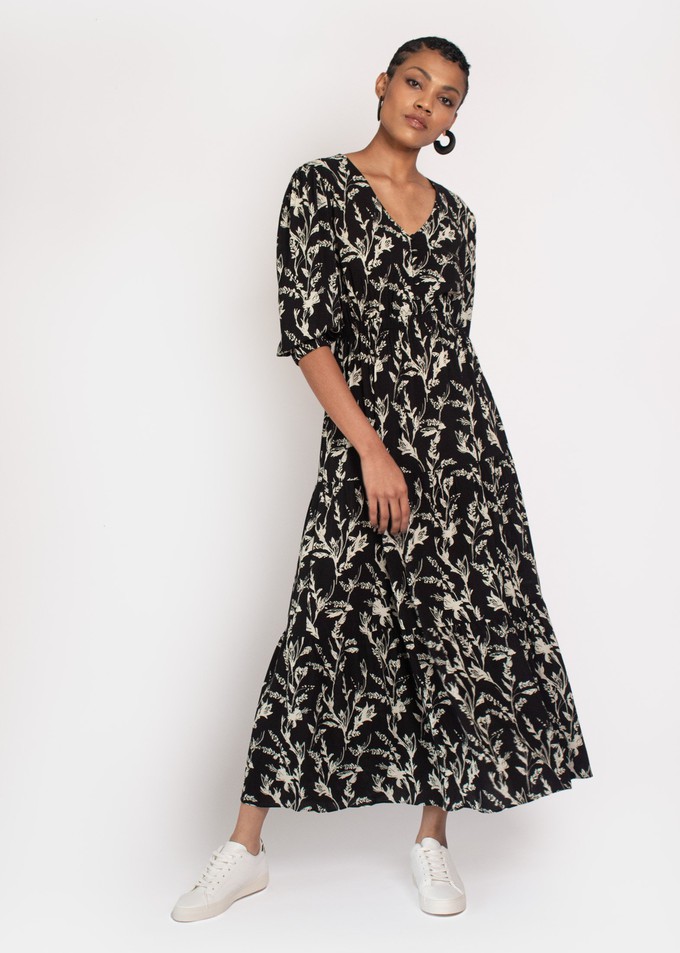 Kalmia Tiered Maxi dress in Black and white sketch floral from Hide The Label