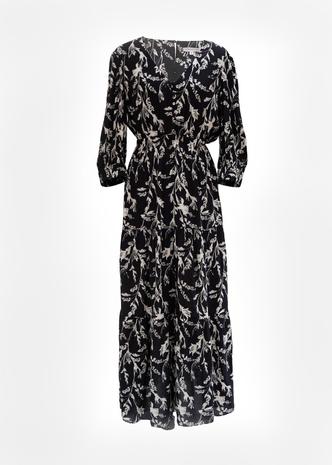 Kalmia Tiered Maxi dress in Black and white sketch floral from Hide The Label