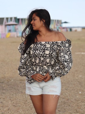 Off The Shoulder Black and Ivory Floral Top from Jenerous