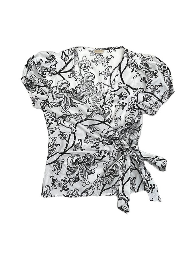 Project Cece   Organic Cotton Black and White Floral Wrap Top