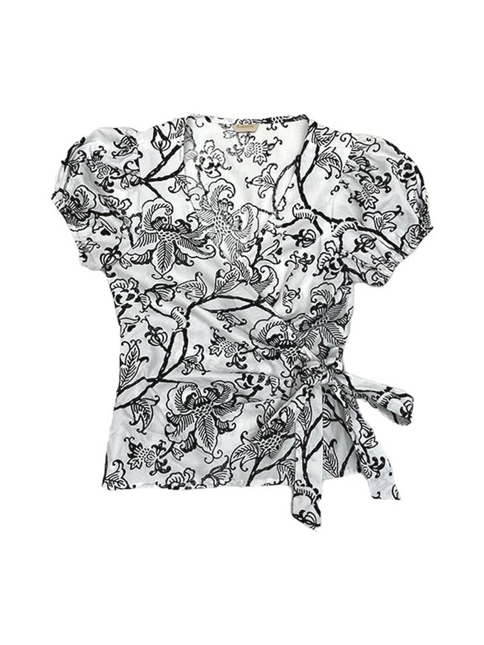 Organic Cotton Black and White Floral Wrap Top from Jenerous