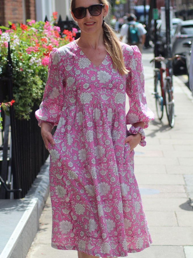 Pink Floral 3/4 Sleeve Midi Dress from Jenerous