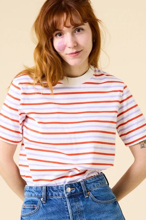 Popeia Organic Cotton T-Shirt Stripes Red/ Purple/ White from Jyoti - Fair Works