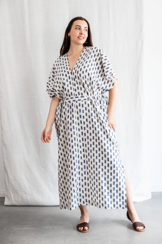 Organic Cotton Kaftan Dress Rishi Ikat White from Jyoti - Fair Works