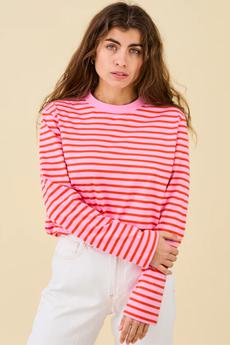 Popeia organic cotton long-sleeved striped shirt in pink/red via Jyoti - Fair Works