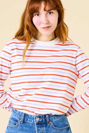 Popeia organic cotton long-sleeved striped shirt in red/purple/white from Jyoti - Fair Works