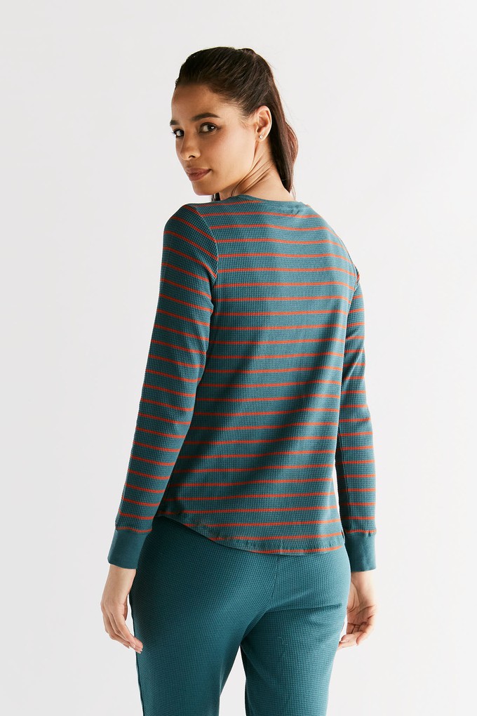 1252-051 | Waffle Knit Women Long Sleeve Shirt - Fir/Tabasco from Leela Cotton