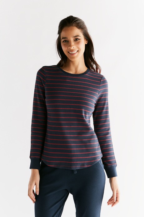 1252-049 | Waffle Knit Women Long Sleeve Shirt - Indigo/Rosy red from Leela Cotton